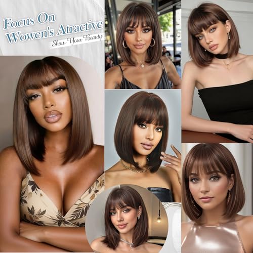 14 Inch Brown Bob Wig with Bangs, Natural Hairline & Glueless Fit
