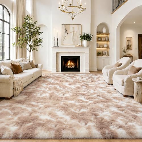 Dark Beige Tie-Dyed 8x10 Area Rug - Plush Shaggy Carpet for Living Room