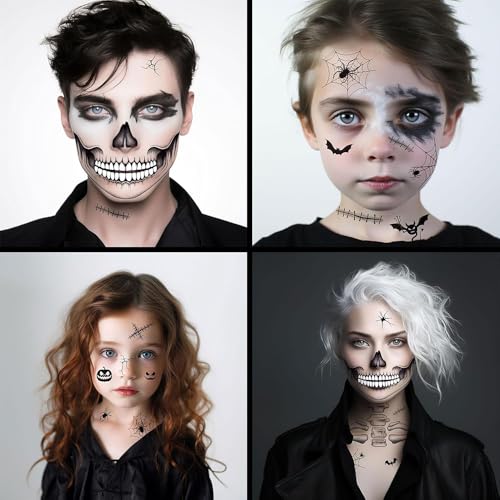 Halloween Makeup Temporary Halloween Tattoos Stickers Prank Chucky Witch Fake Face Decals Zombie Makeup Scar Skeletons Cosplay Tattoos DIY Eye Women Adult Mouth Clown Makeup Kit Party