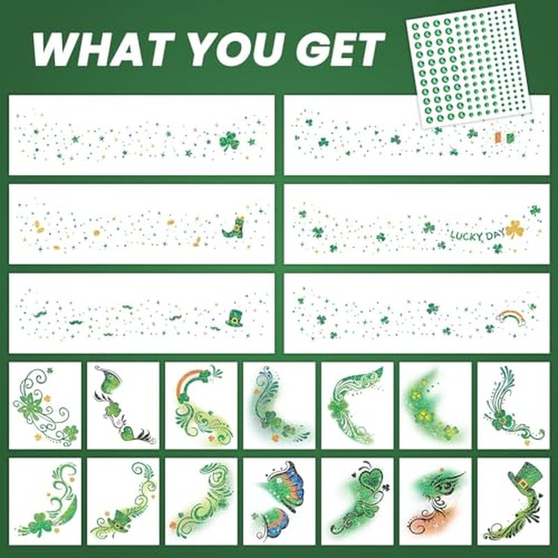 EMOME St Patrick Day Accessories, St Patrick's Day Glitter Shamrock Face Tattoo with Green Face Gems and Faux Freckles, Saint Patrick's Day Makeup Art Decorations Gift for Women