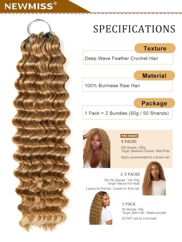 Honey Blonde Curly Feather Crochet Hair Extensions - 14 Inch, 50g - Pre-Separated Knots, Reusable Human Hair