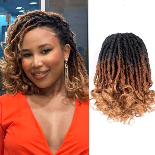 French Curl Crochet Locs Hair Extensions - 10 Inch Ombre Brown 3 Tones, 8 Packs, Pre-Looped Faux Locs with Curly Ends (Variation of OT30/27)