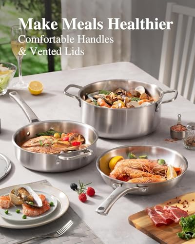 VocVoi 3-Ply Stainless Steel Frying Pan Set 8in/10in/12in with Ergonomic Handles