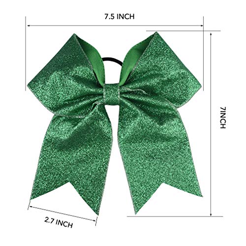 Cheerleader Hair Bows Set - Large Glitter Green Ponytail Holders with Elastic Band - 12 pcs