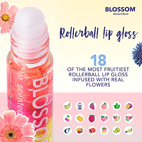 Blossom Scented Roll on Lip Gloss, Infused with Real Flowers, Made in USA, 1.0 Fl oz/29.5mL, 5 PACK BUNDLE, Coconut, Juicy Peach, Strawberry, Raspberry, Watermlon