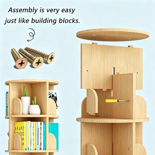 3 Tier Rotating Bookshelf - Wooden Round Floor Standing Bookcase with Legs
