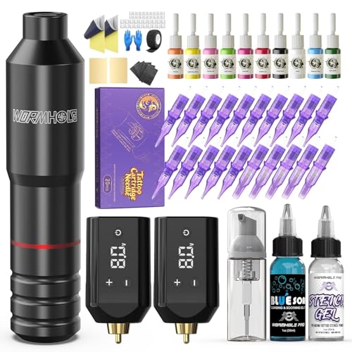 Wireless Rotary Tattoo Gun Kit with Dual Batteries, Inks & Accessories for Beginners