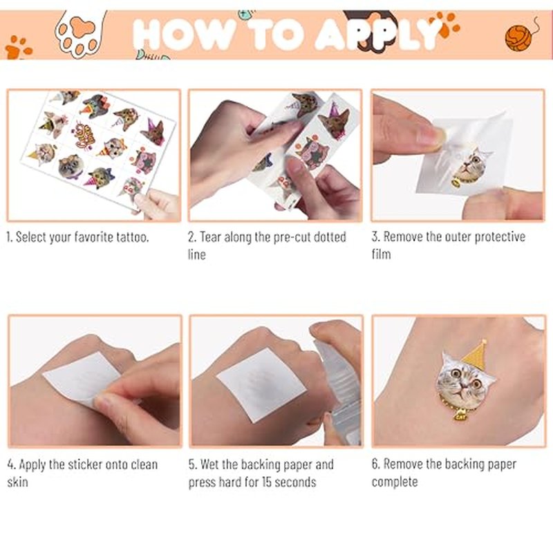 96 PCS Cat Cats Pet Pre-Cut Temporary Tattoos for Kids | Super Cute Themed Birthday Party Favors, Supplies, Decorations, Animal Paw Fake Tattoo Stickers Gifts for Boys Girls Rewards