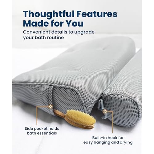 Everlasting Comfort Luxury Bath Pillows for Tub with Head and Neck Support - Non-Slip Bathtub Pillow with Suction Cups, Quick-Drying Mesh & Drying Hook - Jacuzzi & Spa Accessories for Women - Gray
