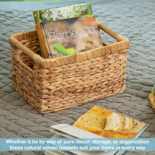Water Hyacinth Small Wicker Storage Baskets - 3 Pack with Wooden Handles, 10 x 7.5 x 6.3 Inches