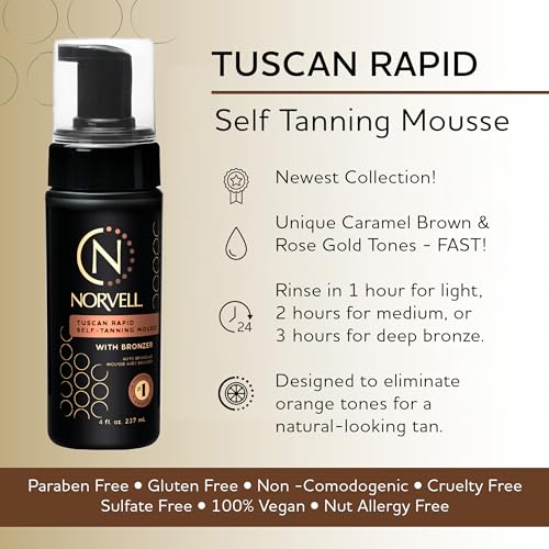 Norvell Tuscan Rapid Self Tanner Mousse 4 fl oz with Bronzer, Coconut Paradise Scent ? Self Tanning Foam for a Natural Sun Kissed Glow ? Anti Aging Sunless Tanner Foam for Smooth, Radiant Skin