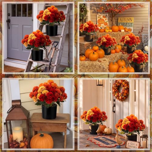 Artificial Fall Pom Pom Mums Flower Set in 15-Inch Vases - Fall Colors / Mums