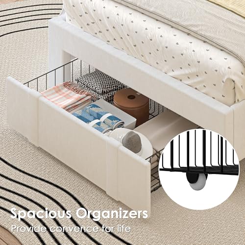 VECELO Twin Size Upholstered Storage Bed Frame with Adjustable Headboard - White