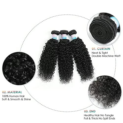 Kinky Curly Human Hair Bundles - 12, 14, 16 Inch Brazilian Weave Set - Natural Black