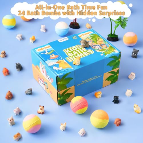 Kids Bath Bombs with Surprise Puppy & Cat Toys - Safe Gift Set, 24 Pack