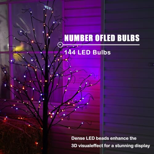 6 FT Halloween Lighted Birch Trees - 96 LED Purple & Orange Fairy Lights with Timer - Indoor Outdoor Decor