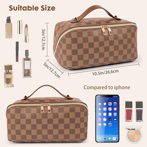 Leather Travel Makeup Bag, Large Capacity Cosmetic Bag for Women, Waterproof Portable Pouch with Divider, Toiletry Organizer with Handle, 10.5x5x5 Inches, Deep Brown