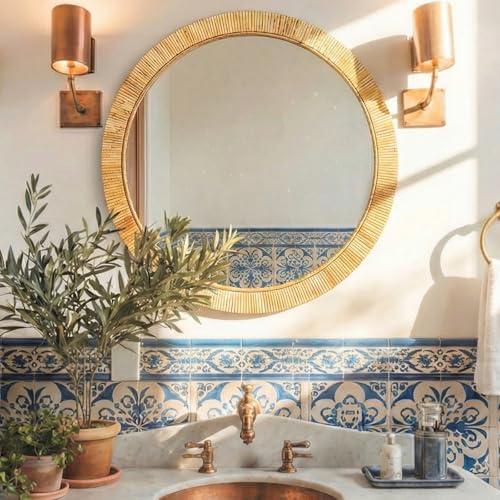 Round 24x24 Inch Rattan Wall Mirror - Rustic Boho Wicker Frame, Handmade