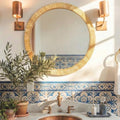 Round 24x24 Inch Rattan Wall Mirror - Rustic Boho Wicker Frame, Handmade