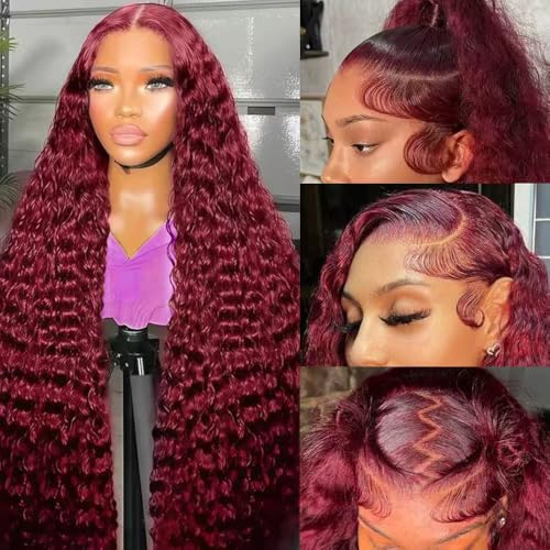 18 Inch Burgundy Deep Wave Lace Front Wig - Human Hair 99J, 13x6