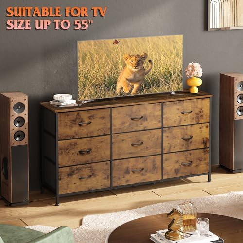 Rustic Brown 55 Inch TV Dresser with 9 Detachable Fabric Drawers and Wood Top - Ample Storage