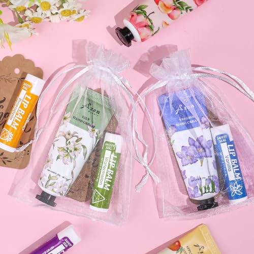 AZEN 16 Sets Bulk Gifts, Hand Cream and Lip Balm Bulk Set with Organza Bag Thank You Card, Baby Shower Wedding Gifts for Guests, Bridal Wedding Favors for Guests,Thank You Gift for Women