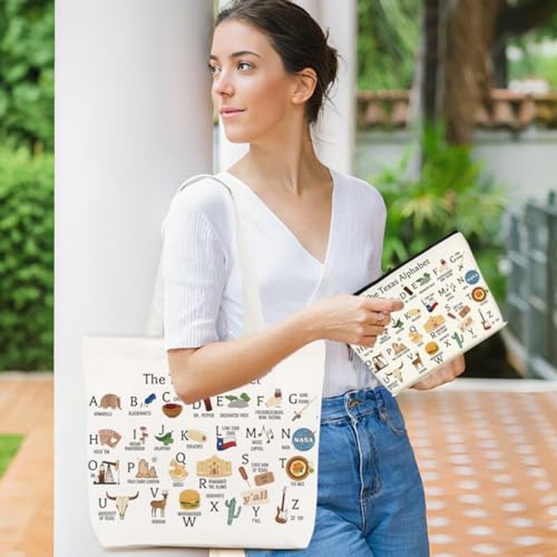 Cute Texas State Souvenirs Gifts Canvas Tote Bag Makeup Bag Set Texas Themed Gifts for Women Girls Sister Friend Vacation Birthday Christmas Reusable Shopping Grocery Bags Travel Cosmetic Bags