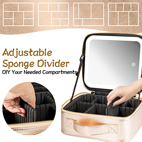 Extrei Gent Gold Makeup Travel Case with LED Light Mirror, Adjustable Brightness, Waterproof, Portable 10.4 x 9.1 x 4.6 in