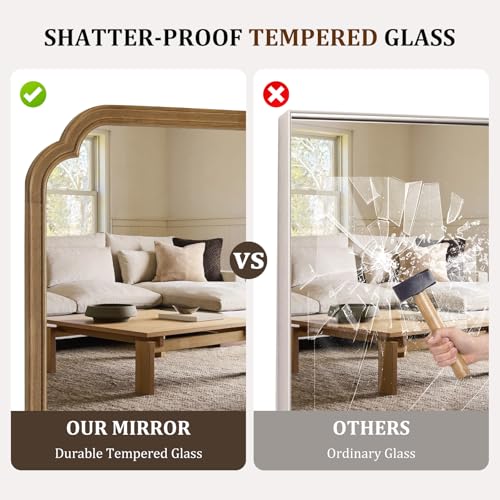36-Inch Natural Light Woodgrain Rounded Corner Wall Mirror with Frame - Entryway & Living Room Decor