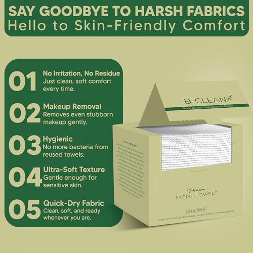 B-Clean Premium Facial Towels - Extra Soft, Tear -Resistant, Lint Free, Disposable, Vegan, Fragrance-Free Hygienic Skincare Towels for Daily Cleansing and Makeup Remover Dry Wipes (50 Count Pack of 2)