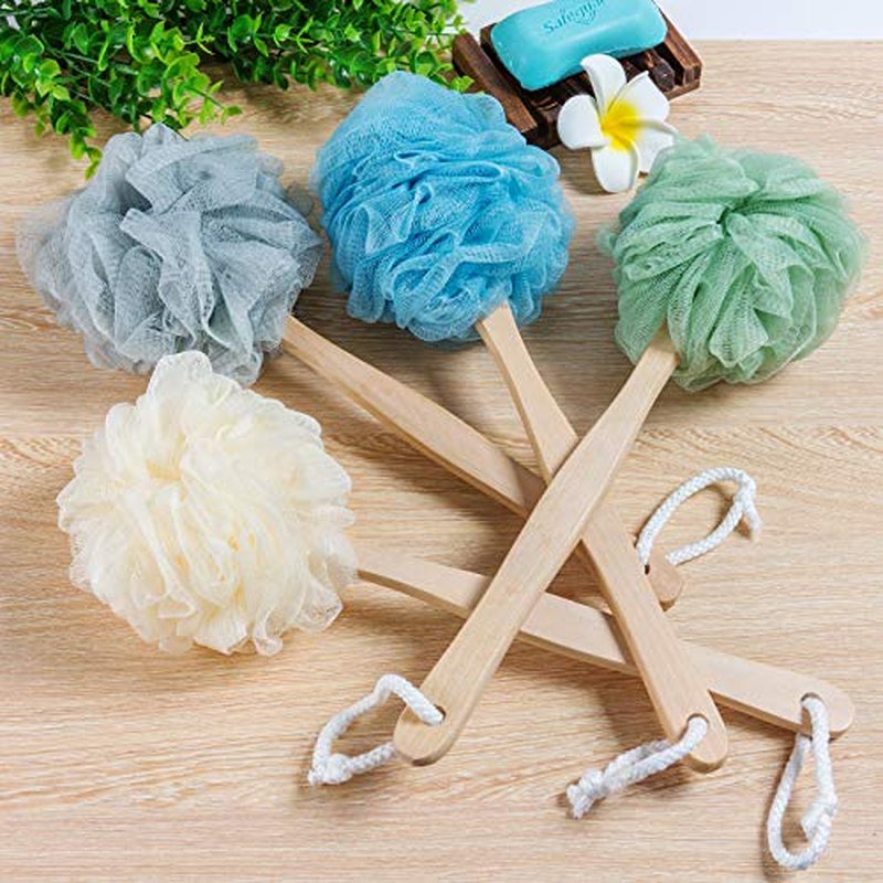 4 Pack Large Bath Puff Loofah Sponge with Long Handle Shower Loofah, Bath Body Back Brush, Spa Brush for Women and Men(4 Color)