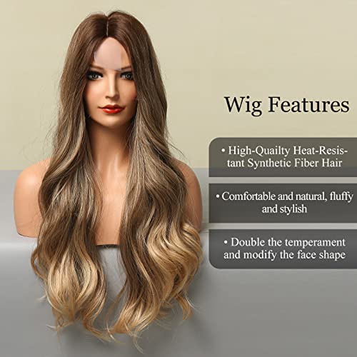 Ombre Blonde Long Curly Synthetic Wig 24 Inch Heat-Resistant Hair for Women - Natural Look
