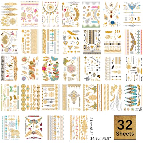 Aresvns Gold Silver Metallic Temporary Tattoos for Women & Girls - 32 Sheets, Waterproof & Removable Body Art