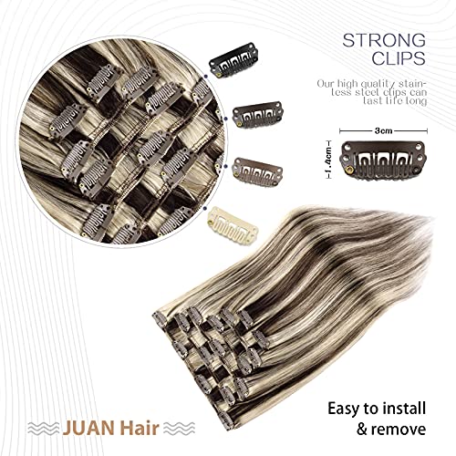 Dark Brown to Blonde Clip-In Hair Extensions 12 Inch Human Hair Highlight Set - 7pcs
