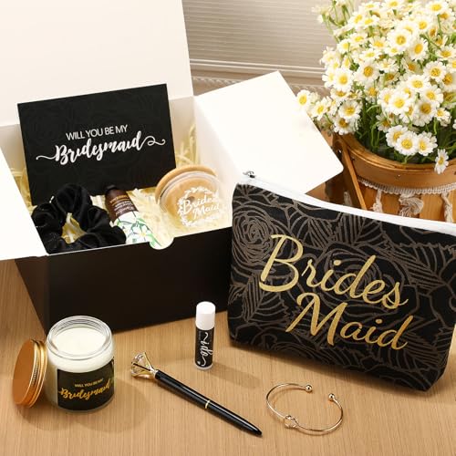 Black Bridesmaid Proposal Gift Set with Glass Cup & Makeup Bag - 14 Pieces