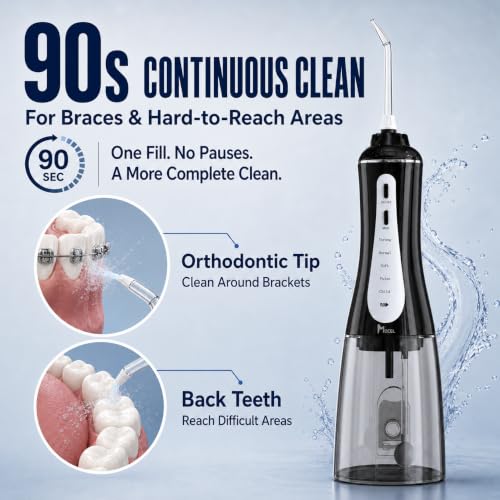 MOCEL Black Water Dental Flosser with 5 Modes & 6 Tips - Cordless IPX7 Waterproof 350ml