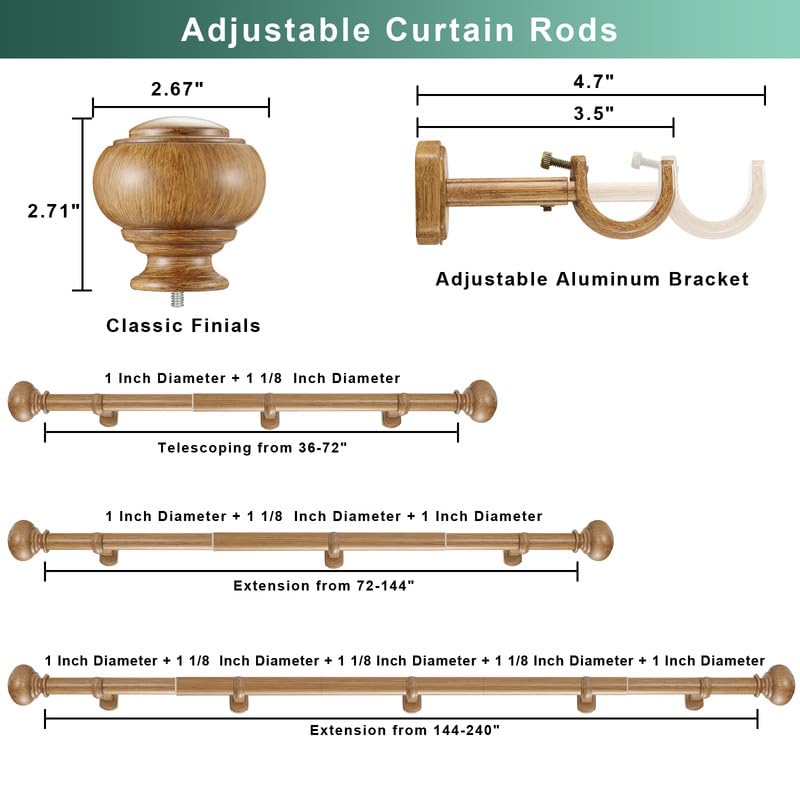 Yun Nephele Brown Wood Grain Extra Long Curtain Rods 144-240 Inch Heavy Duty Boho Drapery Rod with Finials & Adjustable Brackets
