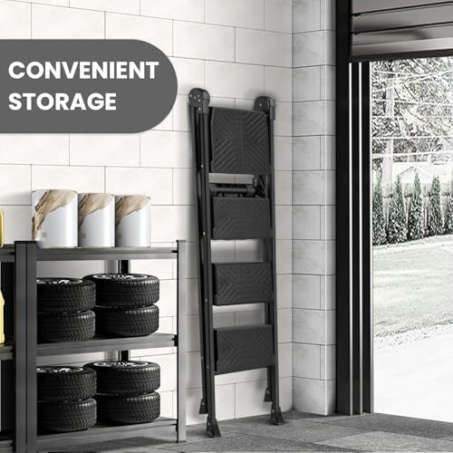 Heavy Duty Steel 4 Step Ladder with Foldable Handrail & Tool Tray - Black