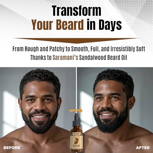 Saramani Beard Grooming Kit for Men ? 30ml Sandalwood Beard Oil + Wooden Beard Comb with Vegan Leather Case ? Natural Beard Care for Growth, Softening & Conditioning