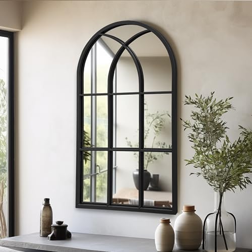 Dewfig Arched Wall Mirror 42x24 Inch Windowpane Mirror Black Variation of Windowpane-qm