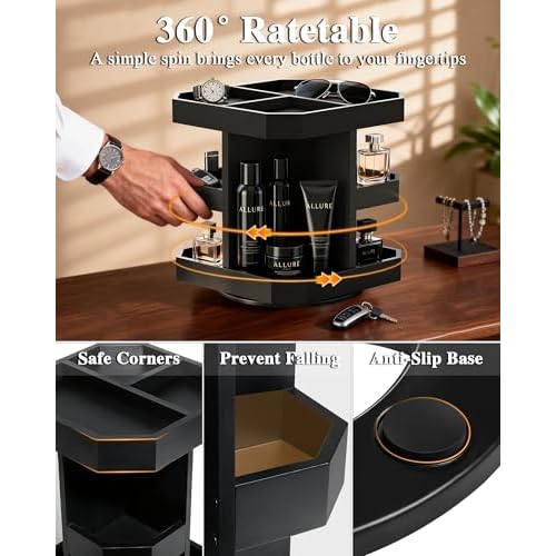 HWZ Wooden Cologne Organizer for Men, Cologne Stand, 360 Rotating, Massive 3 Shelf Storage Unit, Elegant Display Holder for Perfume & Accessories, Bedroom Essentials, Ideal Gift for Loved ones