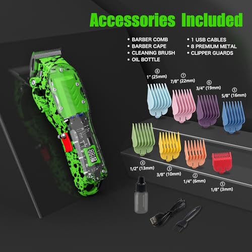 Professional Hair Clippers for Men, Cordless Barber kit for Hair Cutting & Grooming, Hair Clippers Set for Barber Haircut with LED Display 8 Fade Taper Combs(Green)