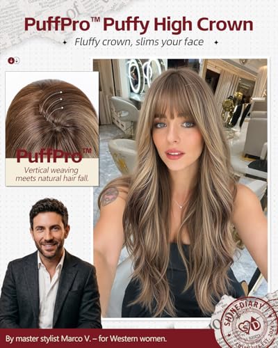 Caramel Hazelnut Brown Wavy Wig with Bangs - 22 Inch Voluminous High Crown Hairpiece for Women