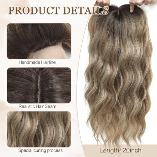 Wavy Hair Topper 20 Inch Clip-In Thinning Hair Coverage with Bangs - Brown Blonde Dark Root Variation
