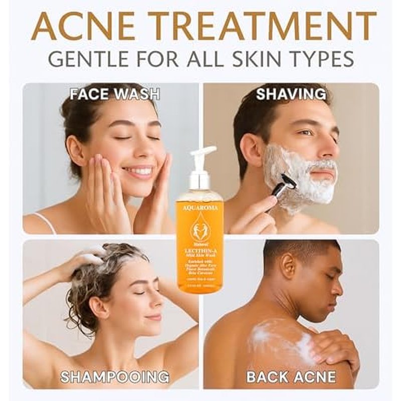 Aquaroma Natural Daily Skin Wash ? Cleanser for Sensitive, Acne & Oily Skin ? With Aloe Vera, Vitamin E, Beta Carotene & Lecithin ? Vegan, Daily Wash for Face, Body, Shaving & Scalp - 8.0 FL OZ