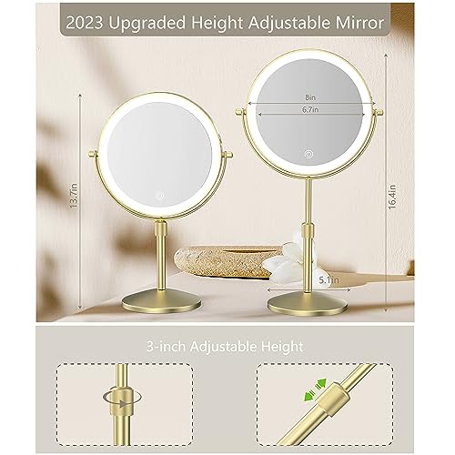 MIROAMZ 8-Inch Lighted Makeup Mirror with 10X Magnification & Adjustable Height - Gold
