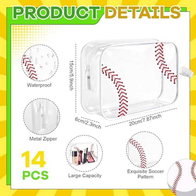 14PCS Clear Baseball Cosmetic Bags, Waterproof PVC Travel Makeup Organizer with Zipper,Transparent Toiletry Pouch, Goodie Snack Bags for Girls Team Players, Baseball Gift Accessories