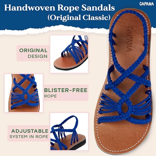 Royal Blue Woven Women's Flat Sandals - Boho Strappy Rope Beach Shoes, Summer Casual Flats for Teen Girls