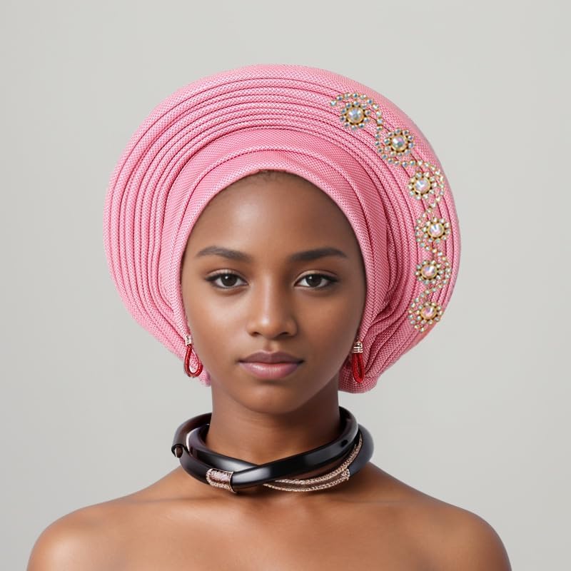 Pink Nigerian Headtie with Stones - Traditional African Turban Head Wrap for Women Party