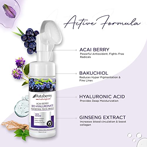 Acai Berry Foaming Face Wash Daily Facial Cleanser | Hyaluronic Acid, Silicon Exfoliating Scrub Brush | Anti Aging, Hydrating, Acne, Dark Spot Control for Sensitive Dry Oily Skin